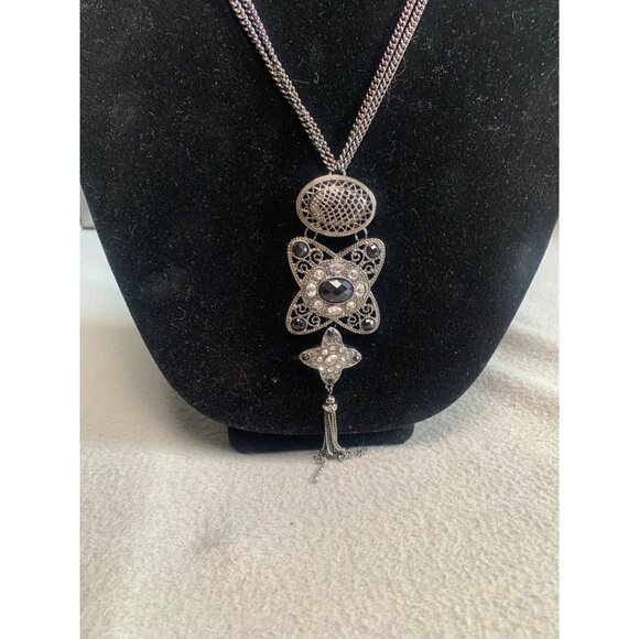 Vintage Silver-Tone Crystal Pendant Necklace with Tassel 30" - Picture 2 of 6